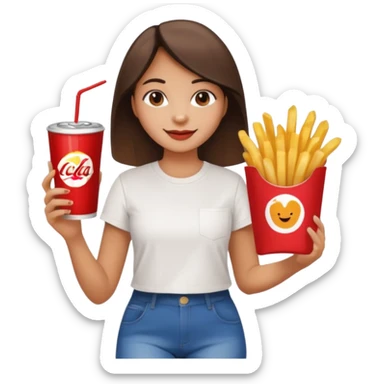 a young woman full length with cola in one hand and french fries in the other hand and a painting under her arm walking left sticker