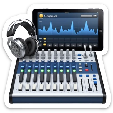 Create a professional and technical emoji that represents sound engineering. The design should feature a sound mixing console with faders, a pair of studio headphones, and audio waveforms to symbolize the precision and technicality of sound mixing and mastering. Include elements like a microphone or audio cables to reflect the recording aspect. Use colors like silver, black, and dark blue to represent the technical, yet artistic side of sound engineering. The background should be transparent. sticker