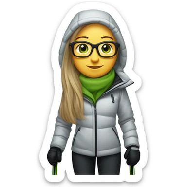 Green-eyed, slightly overweight female skier with long straight hair, glasses, light grey snow jacket, long black pants, black only snow boots, wearing black skis standing tall. sticker