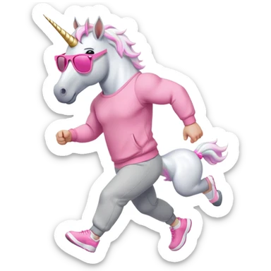 friendly anthropomorphised male white unicorn with a fit, chunky, muscular and strong physique, white arms and legs, wearing grey tracksuit pants and pink jumper, sunglasses, walking quickly sticker