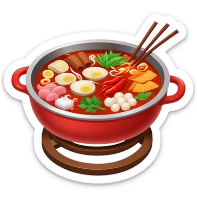 Sichuan Hot Pot with spicy red broth and ingredients, simplified emoji style with bold outlines and bright colors, cartoon style traditional Chinese divided hot pot sticker