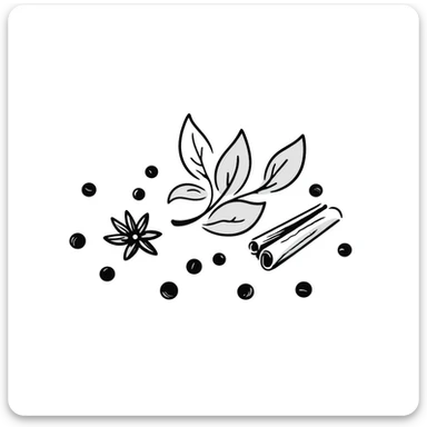 Hand-drawn collection of spices including peppercorns, bay leaves, cinnamon sticks, and star anise sticker