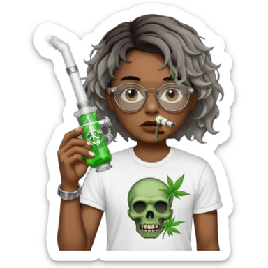 brown short wavy haired zombie getting stoned with weed t shirt and bong on his hand and wearing black chrome hearts bifocals sticker