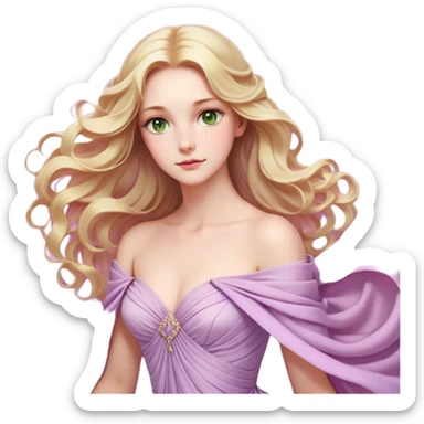 Cinematic Realistic Rapunzel Portrait, with porcelain-like skin featuring a subtle, natural glow, illuminated by soft lighting that brings out the gentle contours of her face. Her long, golden blonde hair cascades in detailed waves, each strand highlighted with a radiant shimmer as it catches the light. She playfully holds a flower in one hand, her other hand resting casually in her lap, with a warm and spirited expression. Her bright, expressive green eyes exude curiosity and warmth, framed by delicate lashes and soft, arched brows. She is dressed in her classic lavender and pink gown, the fabric textured with delicate folds that flow naturally, catching the light with a soft, radiant glow. The portrait captures a luminous, enchanting aura, seamlessly blending realism with a whimsical, fairytale charm, evoking a timeless sense of beauty and magic. sticker