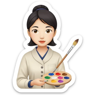 Painter with palette and small paintbrush female asain sticker