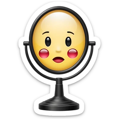 Minimalist emoji-style sticker of a vanity mirror with dim bulbs and cracked glass, words “Am I real yet?” smeared in dusty lipstick tone


 sticker