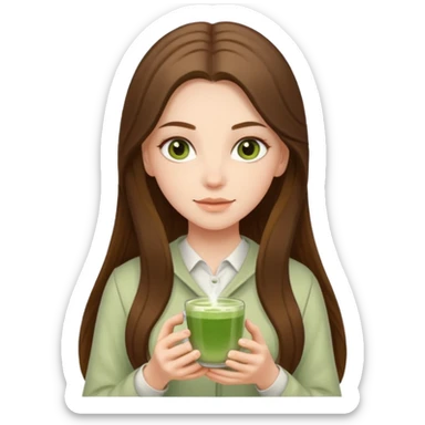 white long brunette hair girl with hazel eyes wearing light who is holding matcha sticker