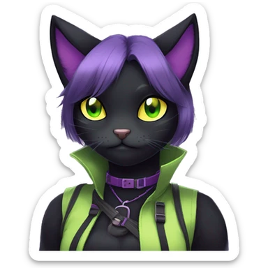 Gorgeous furry gothic dark techwear anime style anthro black cat furry sona Fakemon with blushing face yellow-green eyes with ponytail, aesthetic and pretty edgy black with violet collar and harness trending style sticker