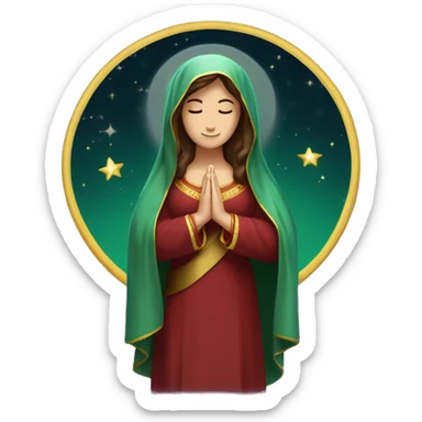 Virgin Mary: kind face looking down at the left, long brown hair, Wearing an emerald green  robe with gold stars and a burgundy red dress,  Hands in prayer or blessing. Halo around her head. standing on a crescent moon.  sticker