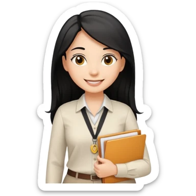 a light tan woman with long black hair past mid-back, round brown eyes, with folders in her hands. she has a id lanyard on and white professional blouse. sticker