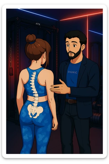 ispirati a questo stile di disegno e fai questa immagine in versione manga/webtoon a colori, il manga mostra la donna di spalle, mentre l'uomo le tocca la spina dorsale per spiegarle come funziona la scoliosi:
Con una scoliosi il baricentro corporeo cade maggiormente da un lato; per non cadere la schiena compensa accumulando tensione sul fianco opposto.
Il risultato? Si inclina e ruota sempre più, fino a che non cede (discopatie, artrosi, ecc) sticker