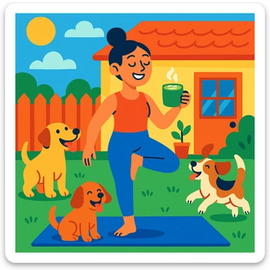 woman doing yoga in a house with a yard, holding a matcha latte, surrounded by dogs, vibrant and inviting scene sticker