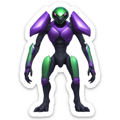 a shiny black-purple-green Genesect-Raptor-Fakémon—hybrid with a futuristic visor-helmet full body sticker
