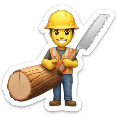 Work comes out a wooden log and a saw in one hand sticker