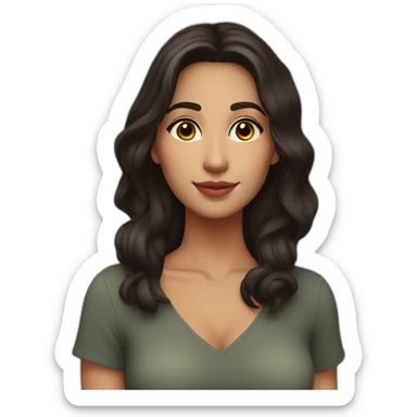 29 year old light Spanish woman, big brown eyes, high cheek bones, angular chin, dark brown hair, size 4, large breasts sticker