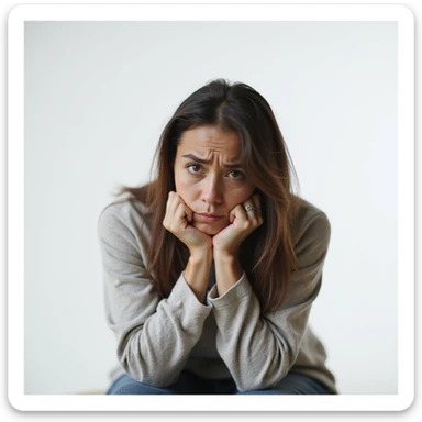 woman with vitamin B12 deficiency, tired and fatigued expression, prominent dark circles, slouched or seated posture with lowered shoulders, realistic environment, hyperrealistic 4K details, vertical 9:16 format, neutral or white background sticker