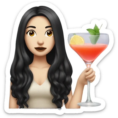 Pale girl with long black hair holding cocktail sticker
