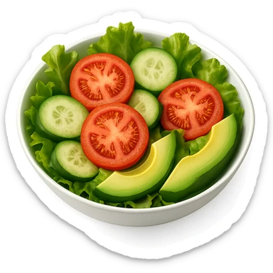 simple, bright salad in a white bowl, showing lettuce, tomato, cucumber, and avocado slices, focus on color and clarity sticker