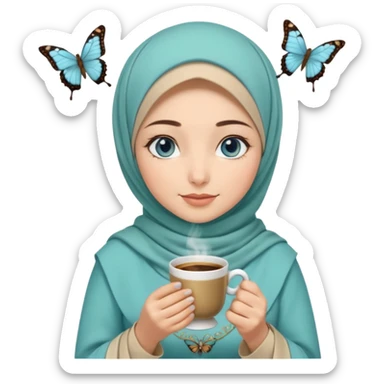 Turkish beautiful finish Konya girl blue eyes with beige and light green hijab  butterfly islamic dress and had on her hand Turkish coffee sticker
