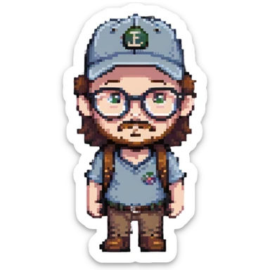 adventurer with small beard, glasses and backwards baseball cap sticker