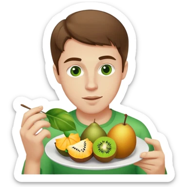 White man brown hair green eyes 27 years old eating a plate of tropical fruit sticker