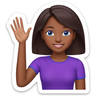 Dark brown hai woman with shoulder-length hair, blue eyes, wearing a purple top, smiling with one hand raised to the side, palm facing up. The gesture looks like she’s presenting something, offering help, or saying “Here you go!”

 sticker