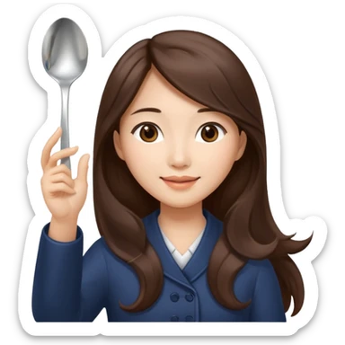 An Asian woman with long brown hair waving and greeting with a spoon in her hand sticker