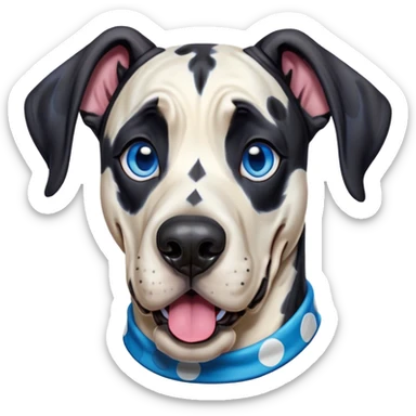 Cinematic Comical Harlequin Great Dane Portrait Emoji, Head tilted dramatically with an exaggeratedly shocked or amused expression, featuring a striking coat of predominantly white with vivid black patches, wide, expressive blue eyes filled with playful disbelief, Simplified yet hilariously expressive features, highly detailed, glowing with a slightly sassy glow, high shine, dramatic yet playful, stylized with an air of cheeky charm, bright and endearing, soft glowing outline, capturing the essence of a spirited and over-the-top guardian, so meme-worthy it feels like it could side-eye its way into internet fame instantly! sticker