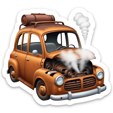 a broken car with steam coming from below the bonnet sticker