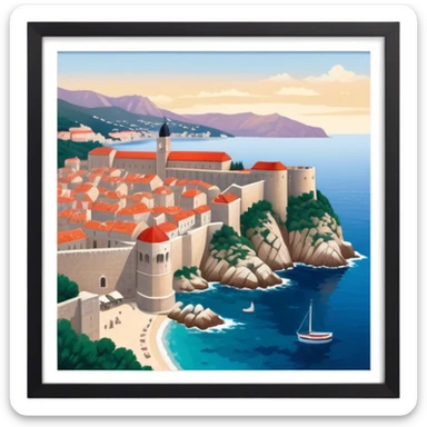 Cinematic Realistic aerial view of the historic city of Dubrovnik, showcasing its iconic red-roofed architecture, fortified walls, and sparkling Adriatic coastline, rendered with rich textures and warm Mediterranean lighting that captures its old-world charm. sticker