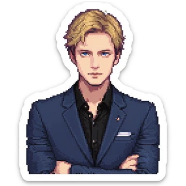 Flat pixel art, focused and reserved male thinker, fair skin, short sleek sandy hair, intense sharp eyes, wearing a deep indigo suit jacket over a black shirt, left hand thoughtfully touching chin, waist-up, front-facing sticker