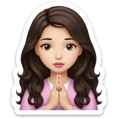 girl with wavy long glamorous dark brown hair, brown eyes, light to medium complexion, long lashes, light pink lipstick, praying sticker