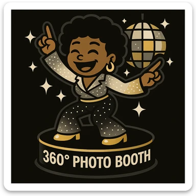 Update the disco emoji scene of a female African American dancing on a 360 photo booth. Use a color palette of black, silver, gold, and white for the outfit, booth, and disco elements. Keep the vibrant toon art style. sticker