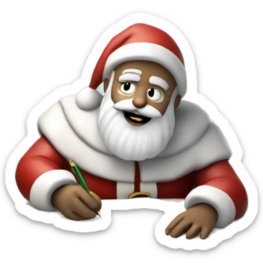 White Santa Claus is sitting on a desk, writing something down on a sheet of paper, solving complicated math puzzles sticker