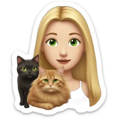 woman with green eyes and long straight blonde hair and big boobs is holding a very fluffy and fat tortoiseshell cat sticker