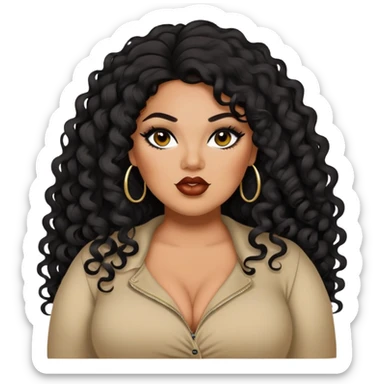 big plus size, darker tan skin, long black curly hair, baddie,pretty, makeup, lipliner, black eyeliner, long hair sticker