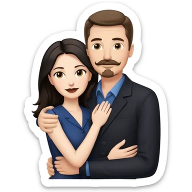 middle aged couple, tall white man with brown hair goatee mustache hugging a pale woman with long black hair, wearing elegant clothing sticker