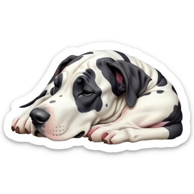 Meme-Worthy Cute Sleeping Harlequin Great Dane Portrait Emoji, Head resting peacefully with a contented smile, showcasing a delightfully majestic build and a luxuriously soft coat of predominantly white with bold black patches, eyes shut in a serene nap, Simplified yet hilariously adorable features, highly detailed, glowing with a soft, drowsy light, high shine, relaxed and utterly lovable, stylized with an air of playful laziness, bright and heartwarming, soft glowing outline, capturing the essence of a comically sleepy guardian, so meme-worthy it feels like it could instantly become the next viral sensation of adorable slumber! sticker