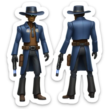 friendly frantic bounty hunter tarnished undercover tough well-equipped Jedi life-sized darkblue-pearl battle droid leather vest clothing pants and vest old west duster coat holding light saber sheriff holstered gun hat floating sticker