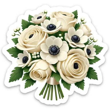 Cream and white bridal bouquet with white roses and anemone flowers, realistic, iOS 17 emoji style  sticker