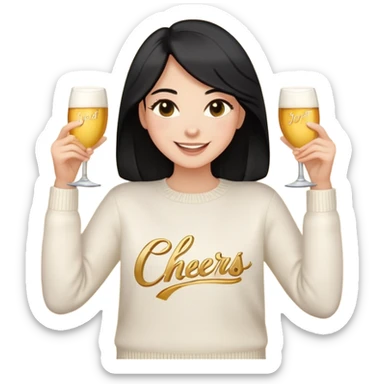 A woman with longer black hair, light to medium skin tone, full cheeks, and almond-shaped eyes, wearing a simple white sweater with the word 'cheers' in gold script, joyful and radiant expression, cheerful, emoji style, just her torso, no hands, no cups. sticker