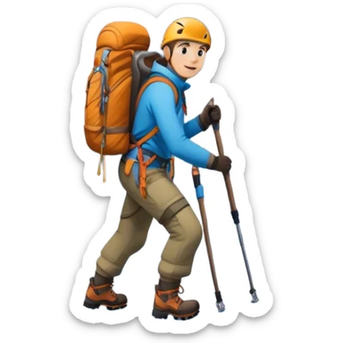 Icon for Mountain Tourism and Climbing: a mountain peak in the background, with a hiker carrying a backpack, an ice axe, and wearing climbing gear. The icon should capture the adventure and challenge of alpine exploration. Transparent background. sticker