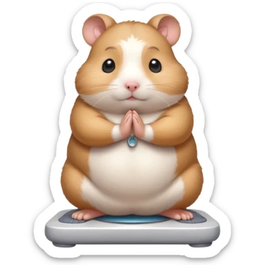 Cute chubby cartoon-style hamster standing on a bathroom scale, looking nervous with praying hands. Painterly shading, closed eyes, white background, sticker-style illustration sticker