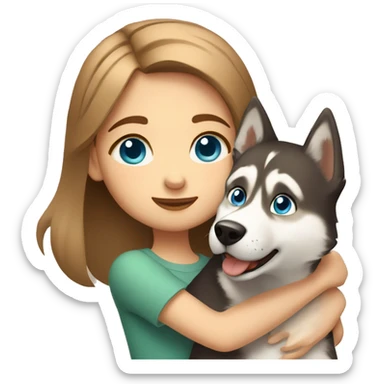 a girl with blue eyes and light-brown hair hugs a husky dog ​​with brown eyes sticker