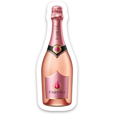 bottle of sparkling rosé champagne with a rose logo on the label, tilted up and to the right, no glass sticker