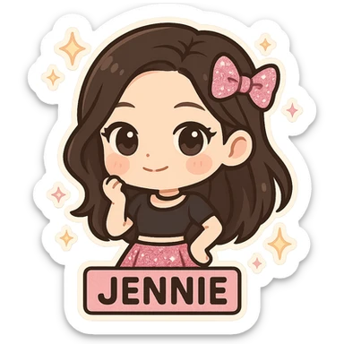 chibi sticker of Jennie from BLACKPINK, black and pink colors, cute and collectible style, with glitter and sparkles sticker