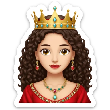 Queen with long dark curly hair, dark brown eyes, light olive skin tone. can you make the skin tone lighter? sticker