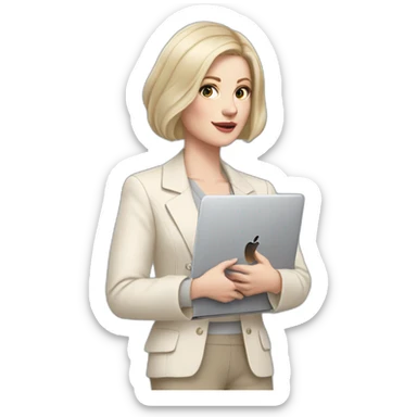 pale skin woman with ash blonde Straightened bob Hair, White Spacious classical jacket, beige palazzo Arrow pants and gray blouse holding a MacBook in the hands sticker