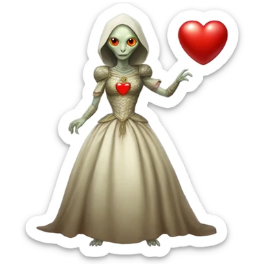 a Reptilian alien woman full body in Romanov dress, holding big red heart sticker