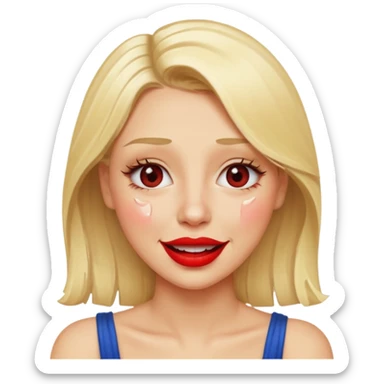 blonde having crying tears from hard laughter. really happy in general, happy eyes. red lipstick sticker